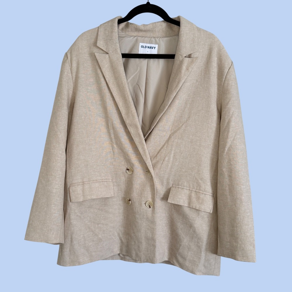 NWT Old Navy Double Breasted Beige Linen Blend Blazer Women Large Old Money Prep